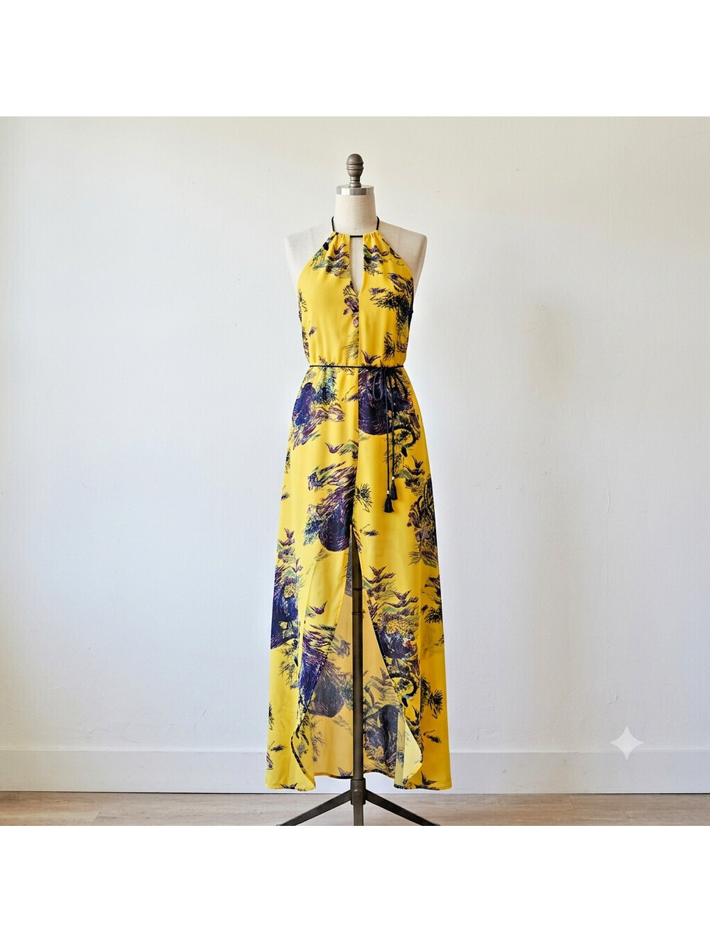 VTG Y2K 2010s Guess Yellow Japanese Watercolor Tiger halter maxi Dress Floral XS